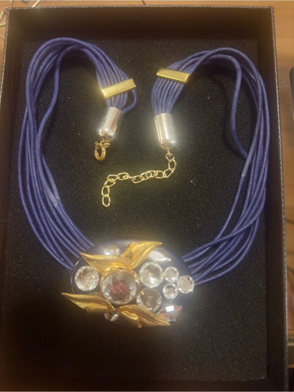 Vtg Multi-Strand Cord Statement Necklace Rhinestone Lucite Gold Leaf Boho Runway